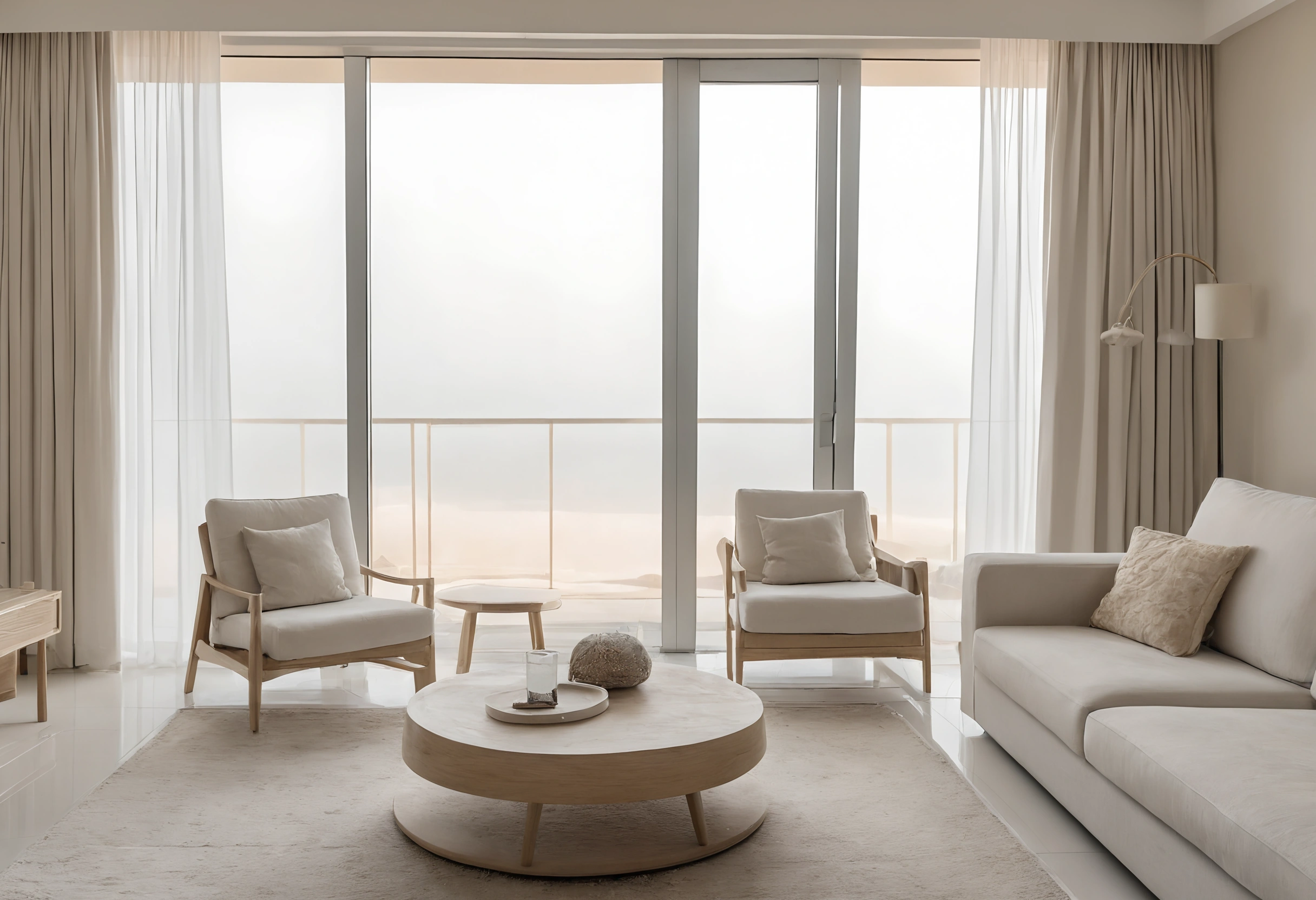 Living room of a high-rise Dubai apartment with floor-to-ceiling glass, sheer curtains half drawn and a hazy view over the sea