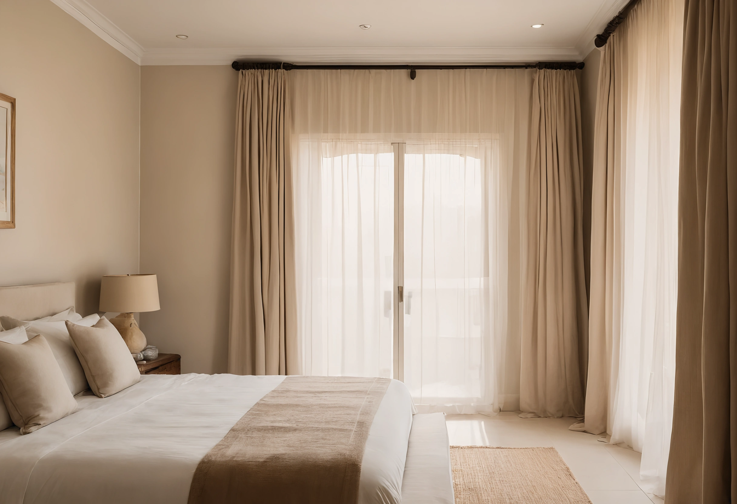 Townhouse bedroom with a wooden bed, linen bedding and sheer curtains diffusing bright sun from a glazed door