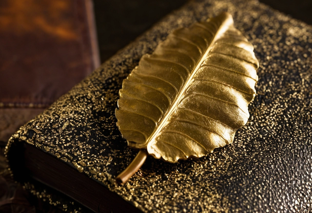Macro photograph of gold leaf book and agate burnisher on a gilding cushion