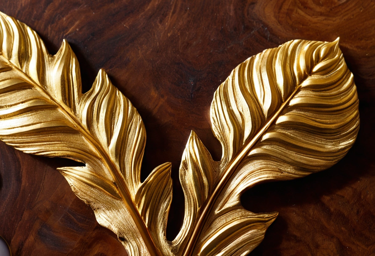 Detail of burnished gold leaf on carved wood with an agate burnisher beside it