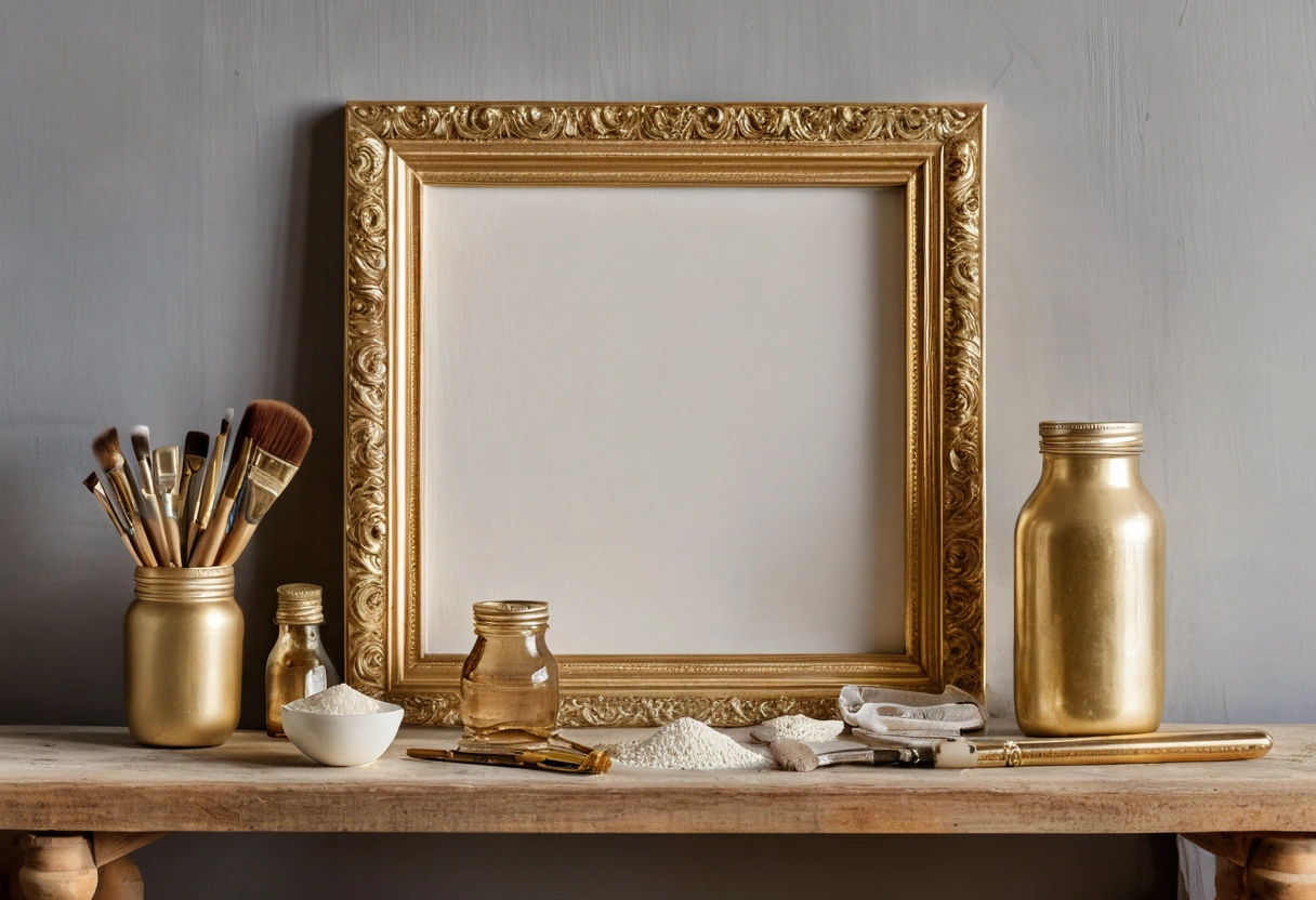 photorealistic photograph of a carved frame coated in white gesso beside a finished gilded frame on a