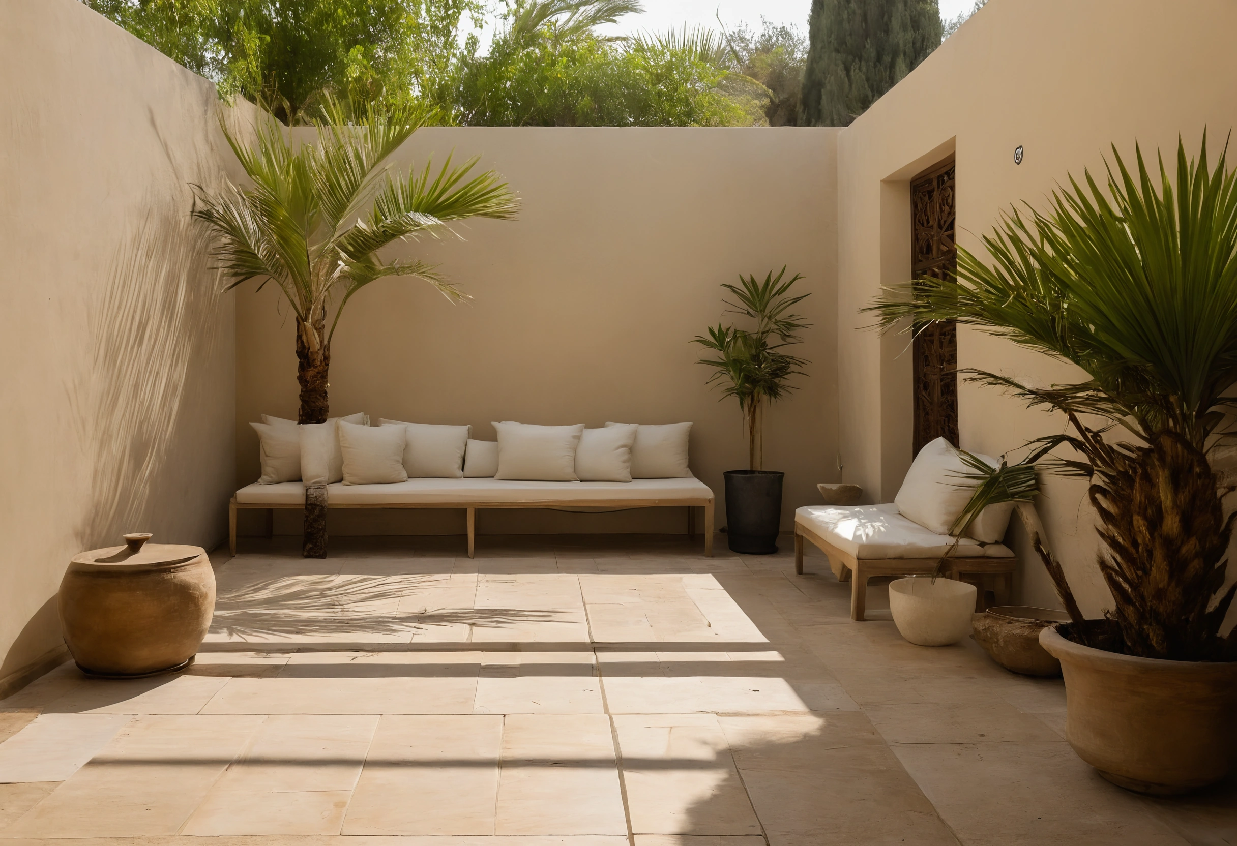 Walled villa courtyard with a cushioned bench, potted palms and stone paving under hard midday sun